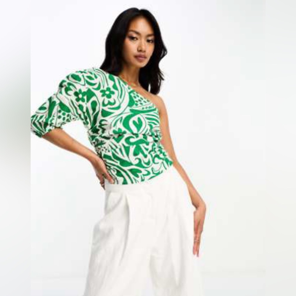 ASOS One Shoulder Green and Cream Blouse